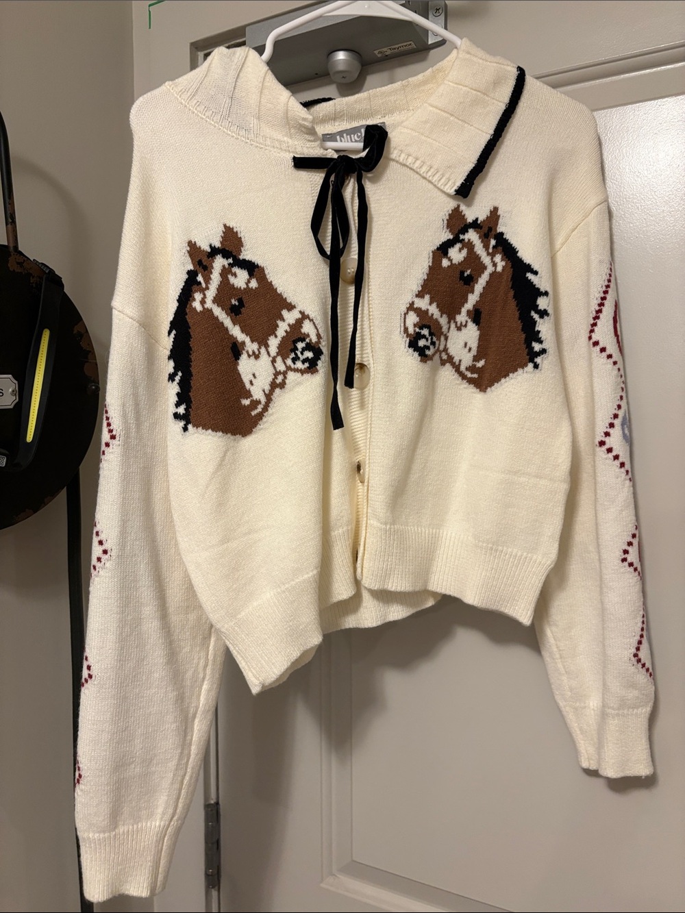 Blue B Cream Horse-Pattern Cropped Cardigan Sweater -